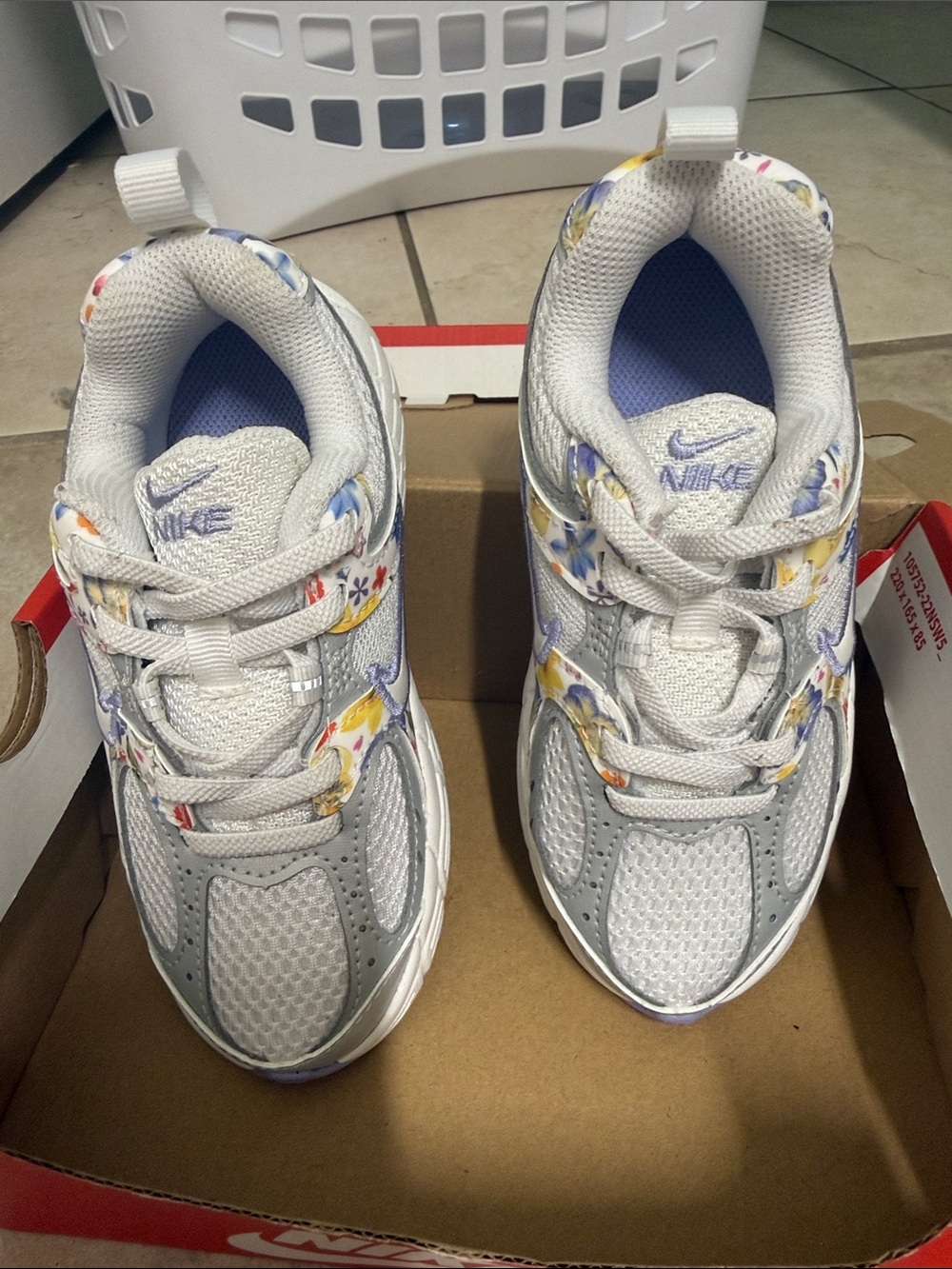 New Nike Kids White Sneakers with Lavender and Multicolor Floral Accent